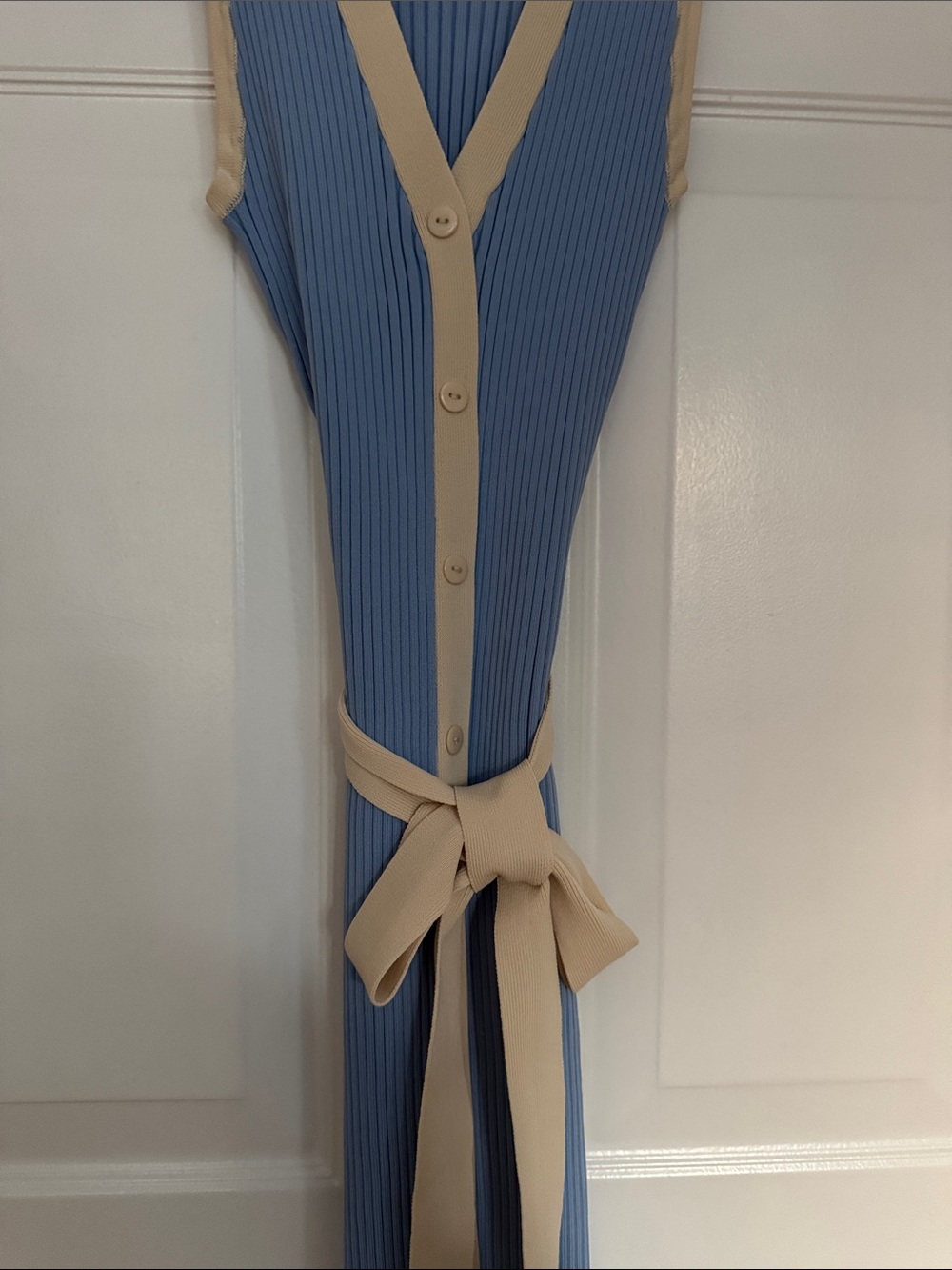 Vici Sleeveless Ribbed Button-Front Dress in Light Blue with Cream Trim - Picture 4 of 9